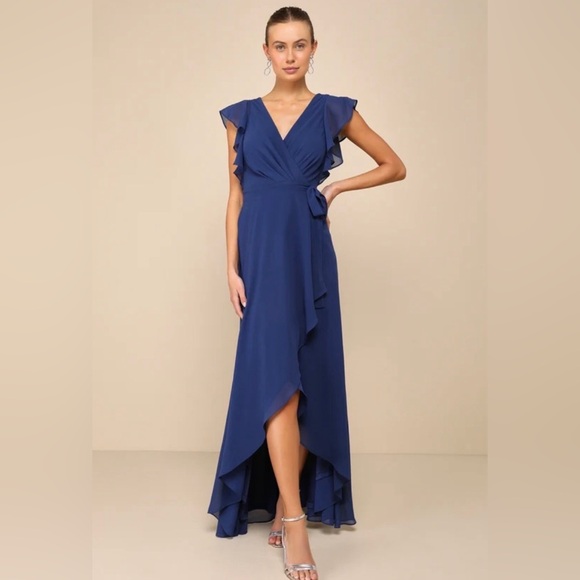 Lulus Dresses & Skirts - Lulu’s Ravishing Charm Dark Blue Ruffled Wrap High-Low Maxi Dress